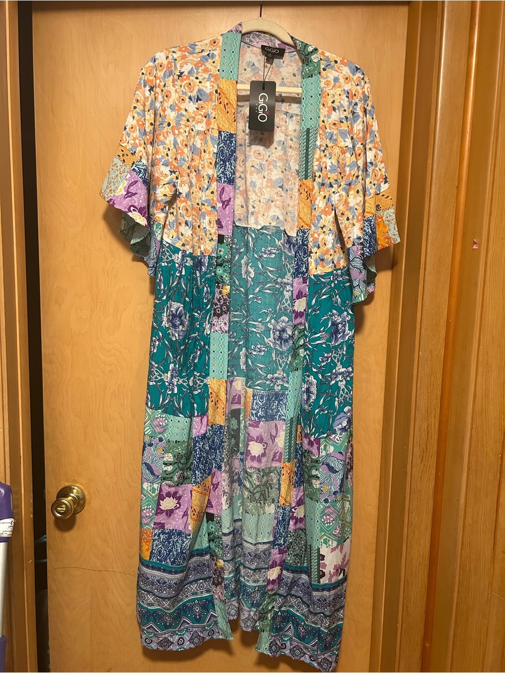 Ggo USA Colorful Patchwork Kimono duster - Teal & Orange Accents